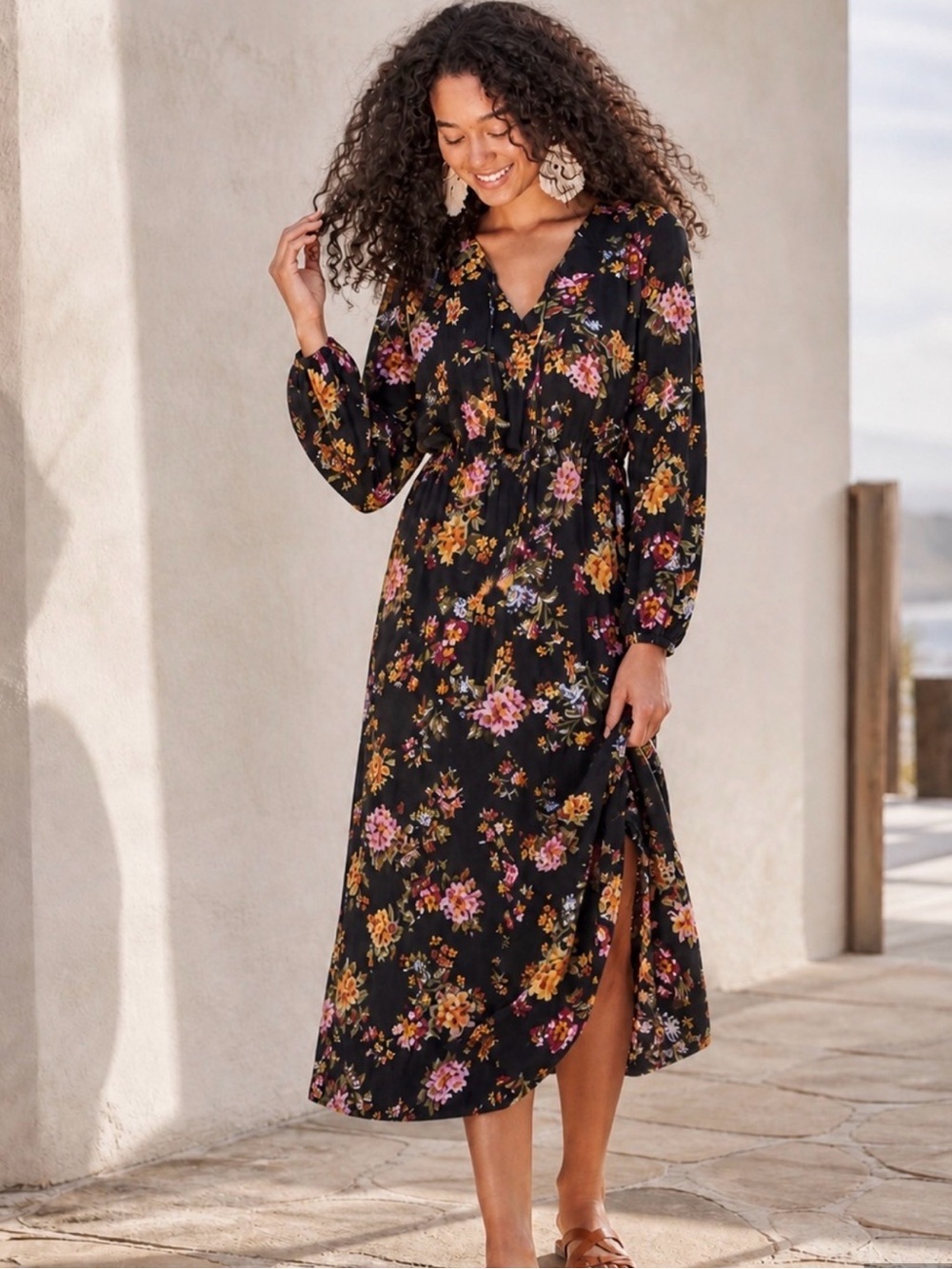 Natural Life Black Floral Rowen Side Slit Midi Dress Size Large
